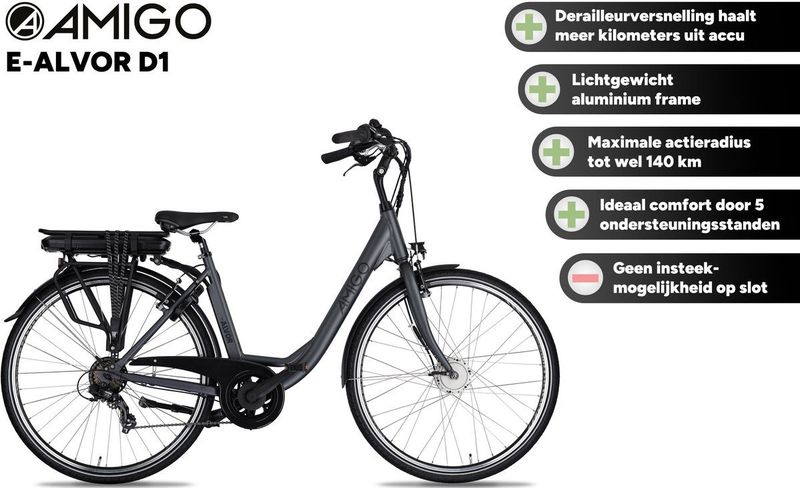 AMIGO - E-Alvor D1 - Elektrische Fiets - Matzwart - 28 Inch - 7 Versnellingen - 536 Wh Accu