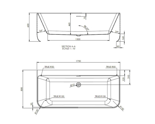 Jungborn Badkuip DRIE Achterwand 80 x 175 cm wit glanzend