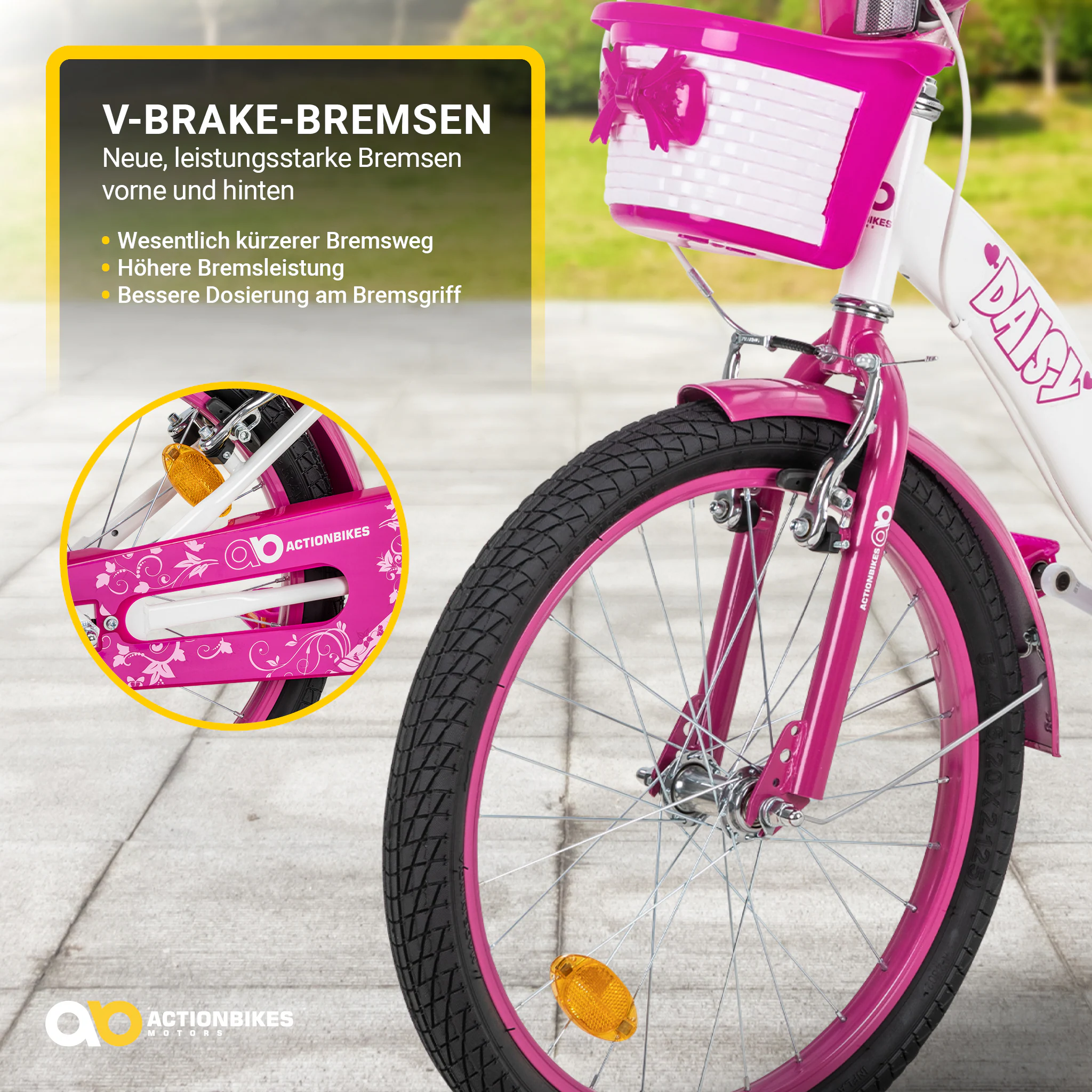 Actionbikes Kinderfahrrad Daisy 20 Zoll, pink, V-Brake-Bremsen, Antirutschgriffe, Kettenschutz, Korb (East)