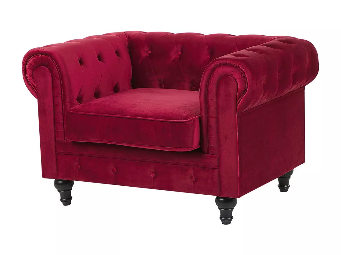 Ensemble canapé et fauteuil en velours rouge foncé 4 places CHESTERFIELD
