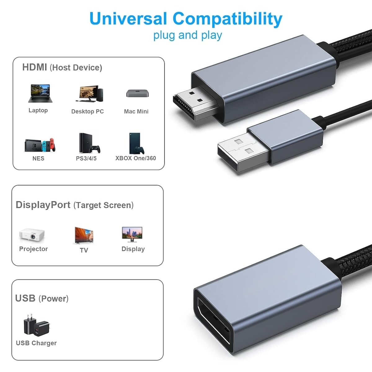 NÖRDIC HDMI til Displayport-adapter 50cm 4K60Hz 18Gbps