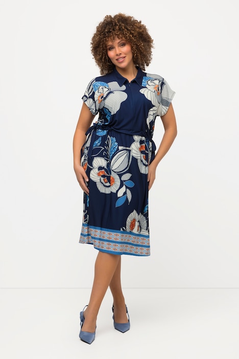 Jerseykleid, Blüten, Tunnelzug, Hemdkragen, Halbarm