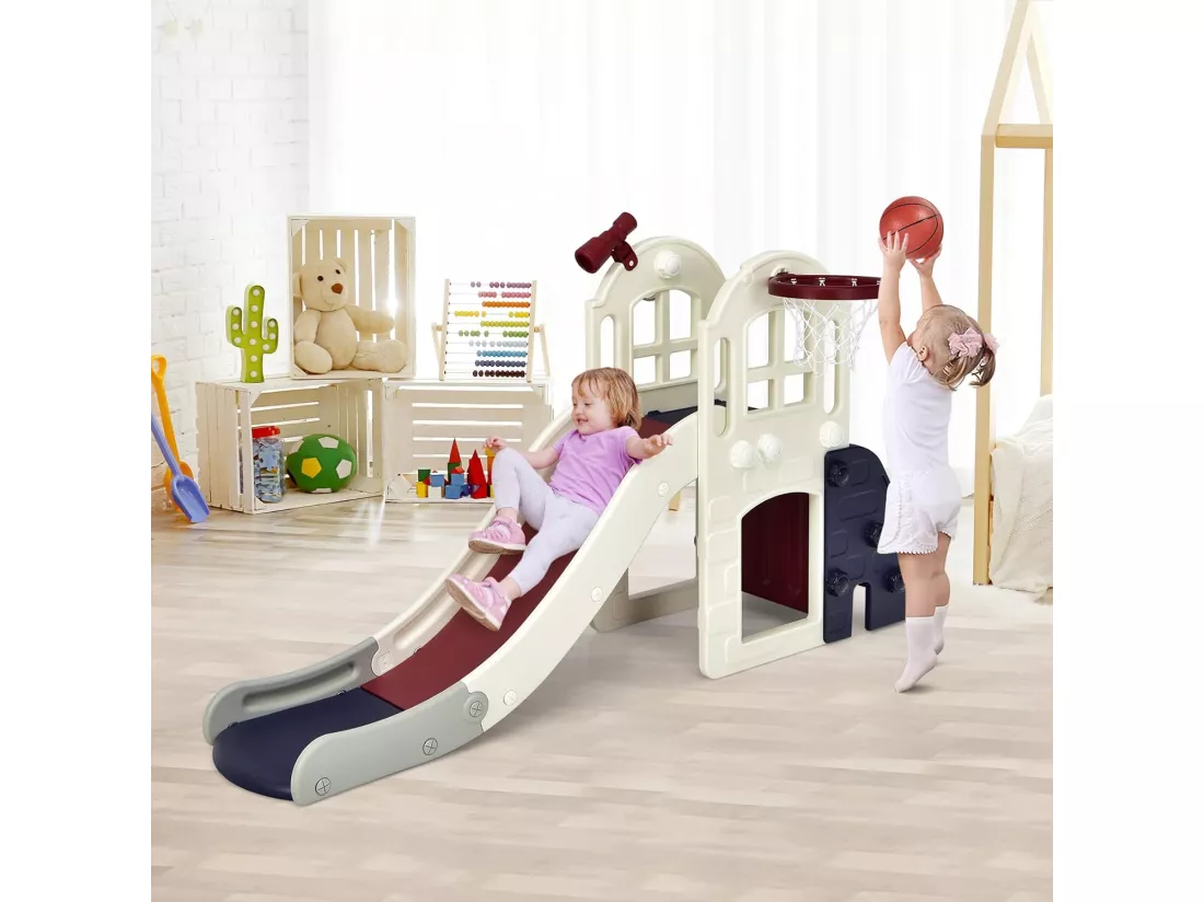 Toboggan 6 en 1 pour Enfant - Glisse de 140 CM - avec Panier de Basket, Escalade, Lancer d'Anneaux et Télescope,Toboggan Intérieure,Aire de Jeux Extérieure 3-8 Ans, Bleu