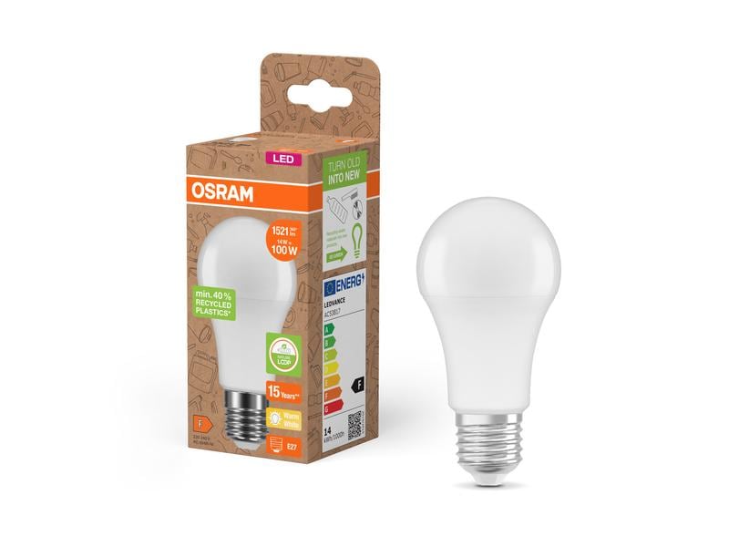 OSRAM LED PCR LAMPS WITH CLASSIC A 14W, E27, Warmweiss LED Lampen, klassische A Kolbenform aus recyceltem Plastik