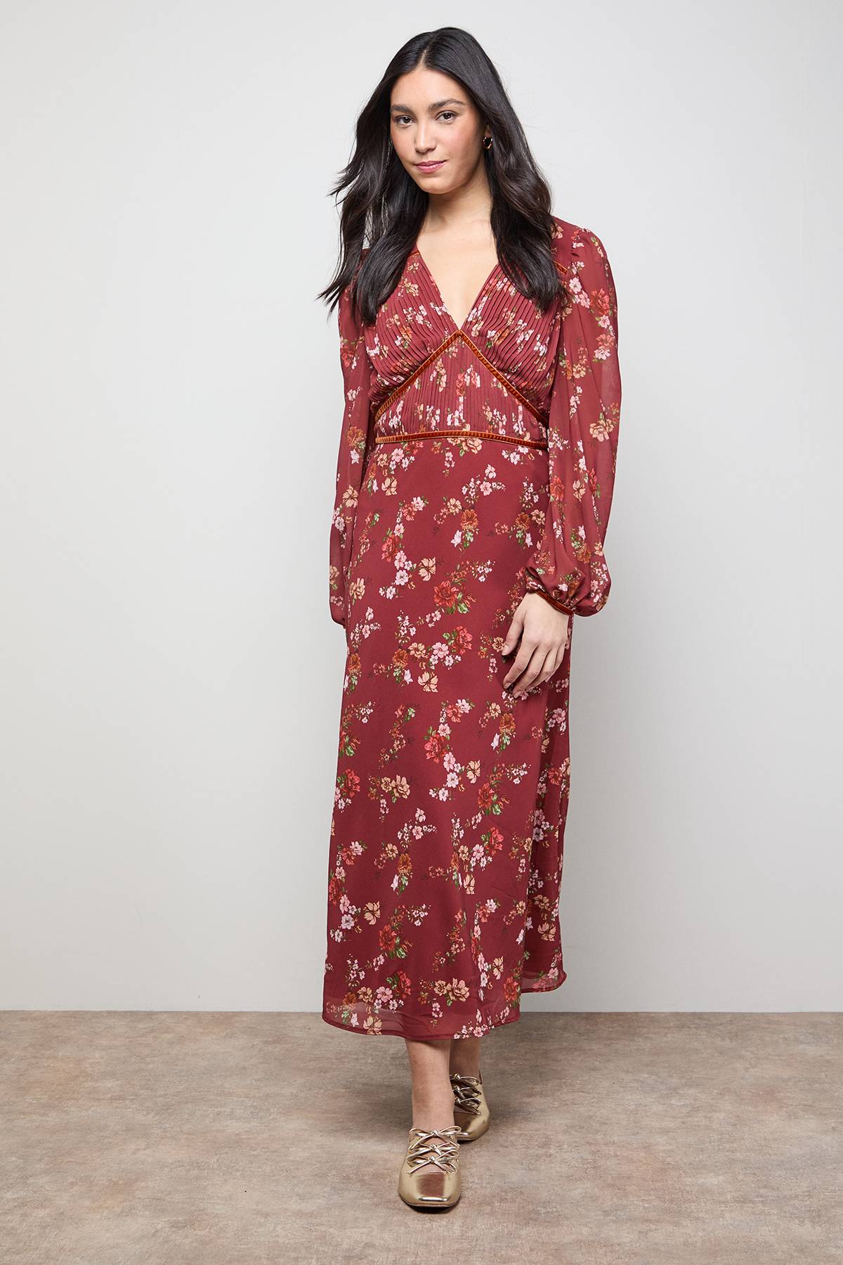 Oasis Robe Mi-Longue à Corsage Plissé Imprimé