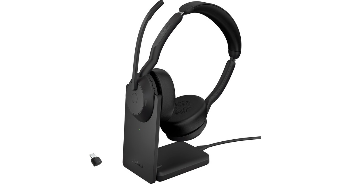 JabraEvolve2 55 - Link390c MS stereo met oplaadhouder on-ear headset  (Zwart, Stereo, Microsoft Teams, USB-C, Link380c)