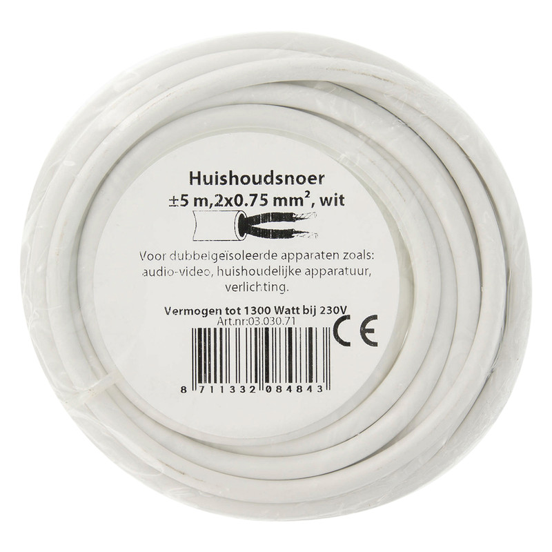 Huishoudkabel rond H03VV-F 5m 2x0,75mm² wit