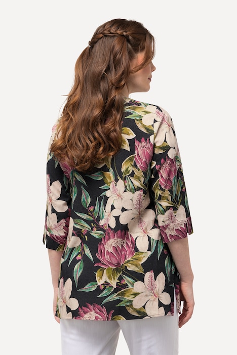 Bluse, Blüten, A-Linie, Tunika-Ausschnitt, 3/4-Arm