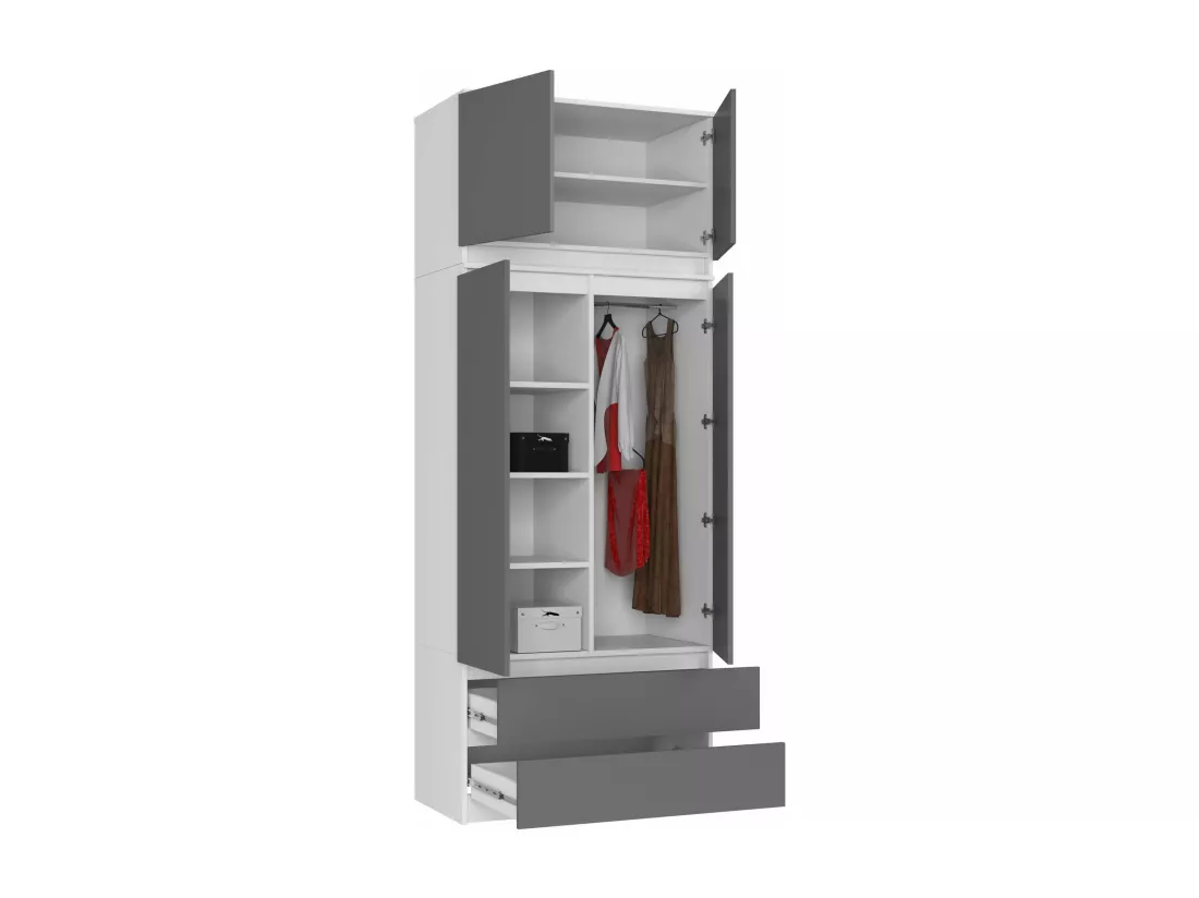 Armoire avec surmeuble AKORD S90 Blanche 90 cm 2 portes 2 tiroirs façade Gris Graphite 6 étagères 90x51x234 cm