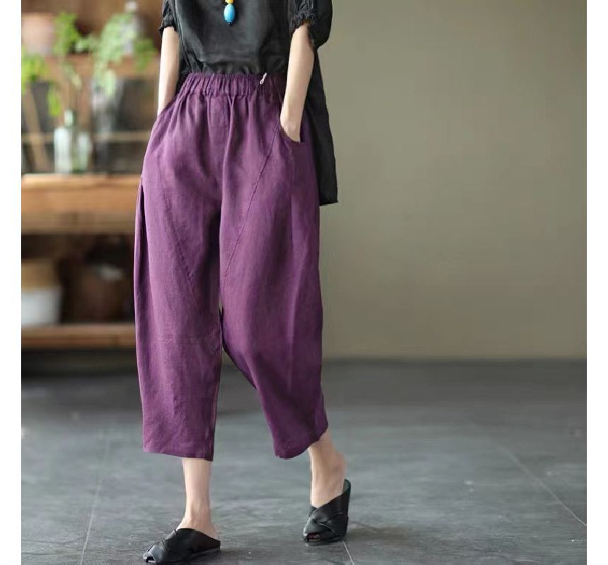 Lewwe - Effen cropped harembroek met elastische taille