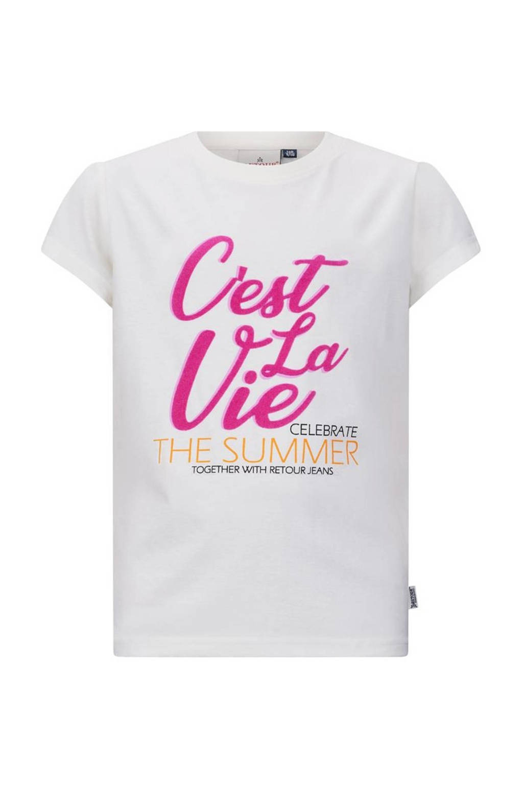 Retour Jeans T-shirt Zoey met tekst wit/fuchsia