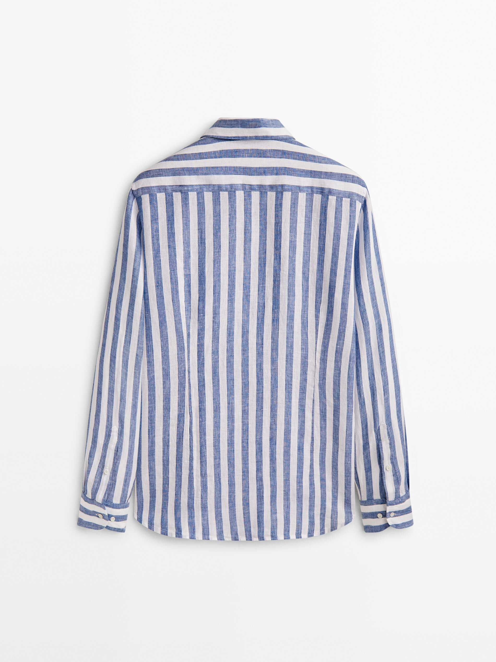 Camisa listrada larga 100% linho, corte slim - AZUL MARINHO