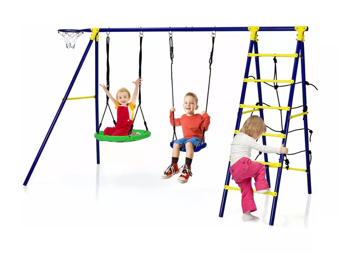 5 en 1 Balançoire Enfants Extérieur avec Panier de Basket, Balançoire Nid d'Oiseau Ø66 cm et en U avec Hauteur Réglable, Filet & Echelle d’Escalade, Charge 75kg pour 3-12 Ans