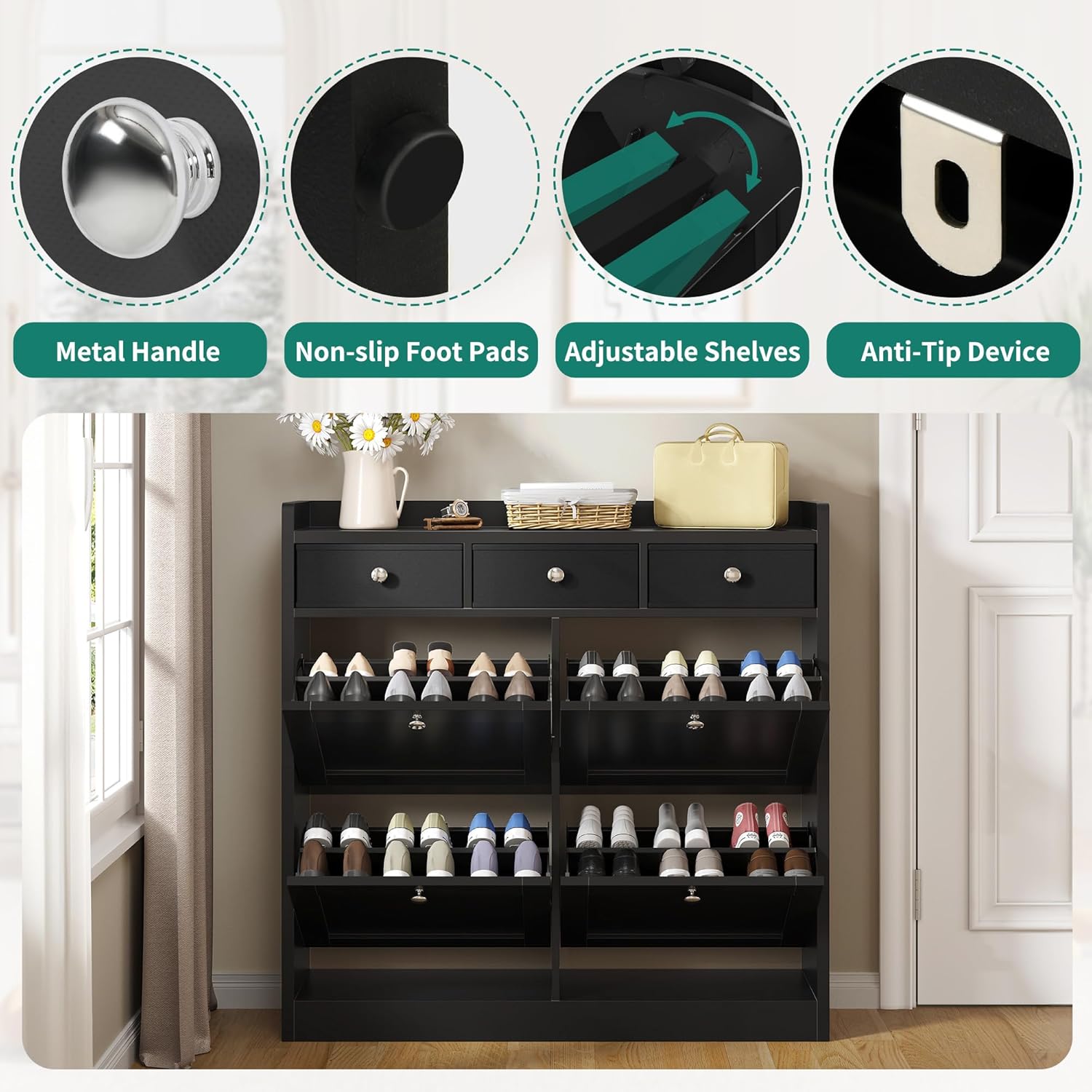 YITAHOME Schuhschrank, Schuhregal Schuhkipper Schmal, Schuhschrank schwarz mit 4 Klappen, Shoe Cabinet Schuhkommode schuhschrank mit Schublade für Eingangsbereich, Flur (schwarz)