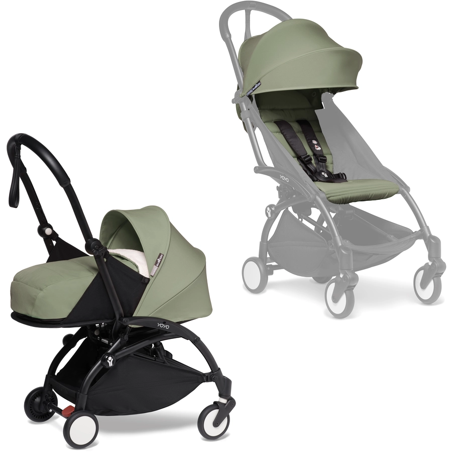 BABYZEN Kinderwagen YOYO2 0+ Black mit Neugeborenenaufsatz Gratis Textilset Olive