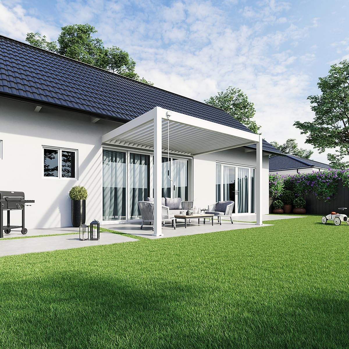 Weide Deluxe Wandpergola 3x3,6 m stabil aus Aluminium - Terassenüberdachung Pavillion mit Lamellendach - Garten Sonnenschutz Terasse - Wetterfest wasserdicht Winterfest - Grillpavillon in Weiß