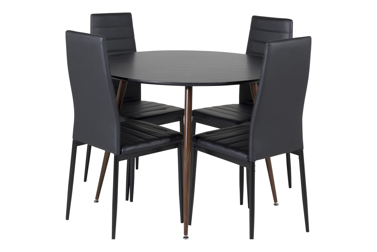 Plaza og Slim Spisegruppe Plaza rundt spisebord ø100cm i sort og valnøtt ben med 4 stk. Slim spisestoler i Sort og sorte ben.