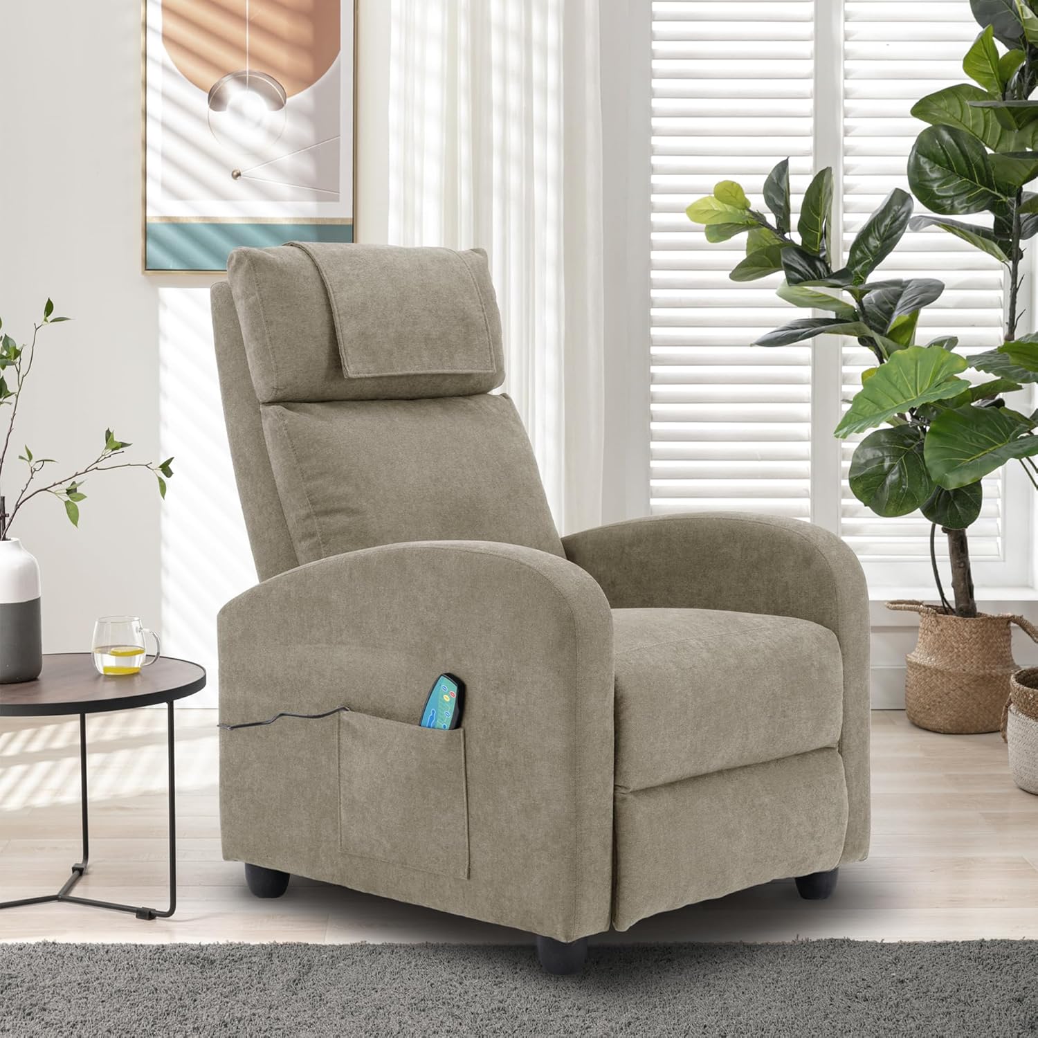Relaxsessel Ergonomisch Massagefunktion, Einzelsofa Liegefunktion mit Heizung, Lesesessel Fernsehsessel Körper Vibration Sessel, Gesund Loungesessel Polstersessel, 67.5X87X100 cm (Beige)