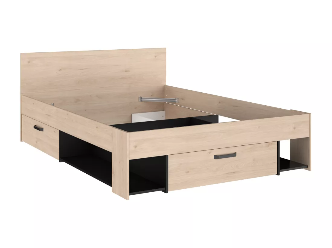 Lit 140 x 190/200 cm avec tête de lit et rangements - Coloris : Naturel et noir - KINSELIA