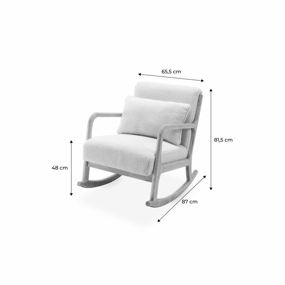 Fauteuil à bascule design en bois et tissu. Bouclettes blanches. 1 place. Rocking chair scandinave