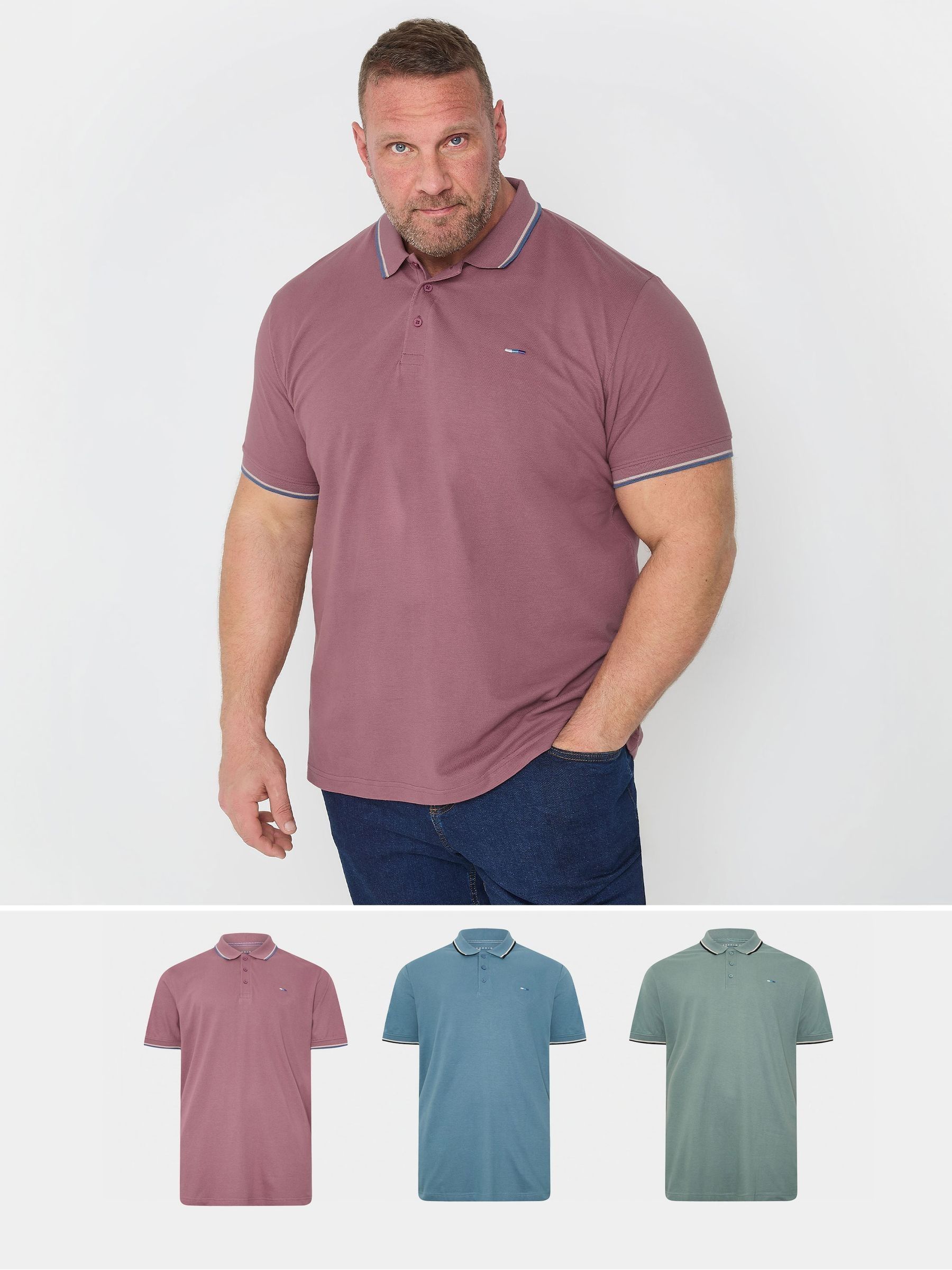 Blauw - BadRhino Big & Tall Tipped Pique 100% Cotton Polo Shirts 3 Pack