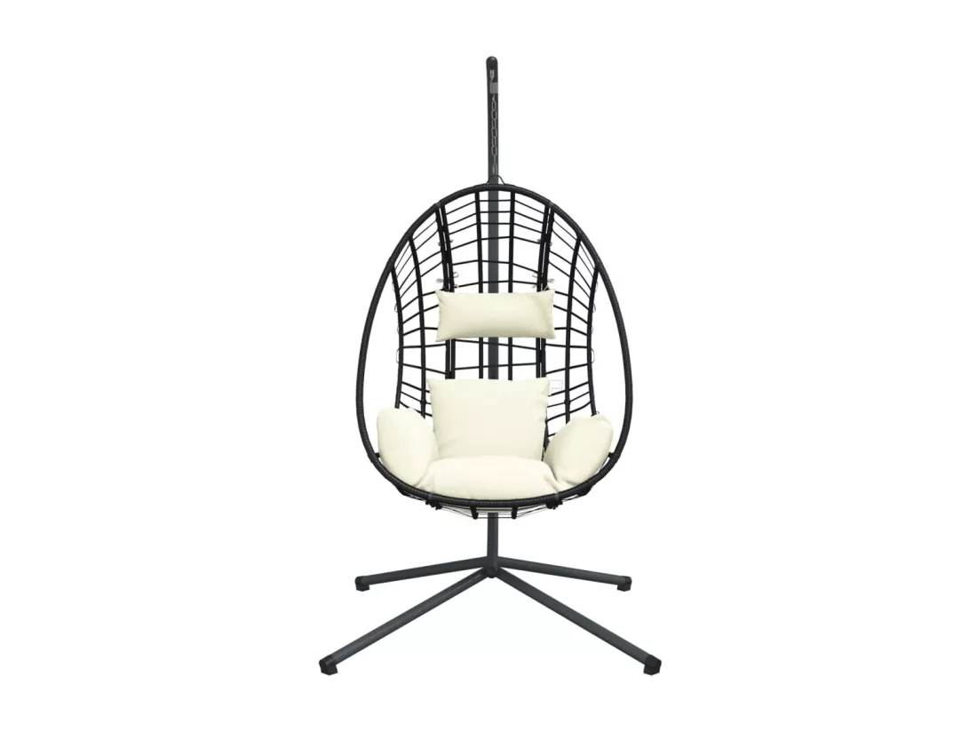 Chaise suspendue en forme d'œuf et support beige rotin et acier