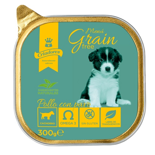 Ração para cães Breeders Puppy Menu, sem grãos, com frango e peru (em pote).