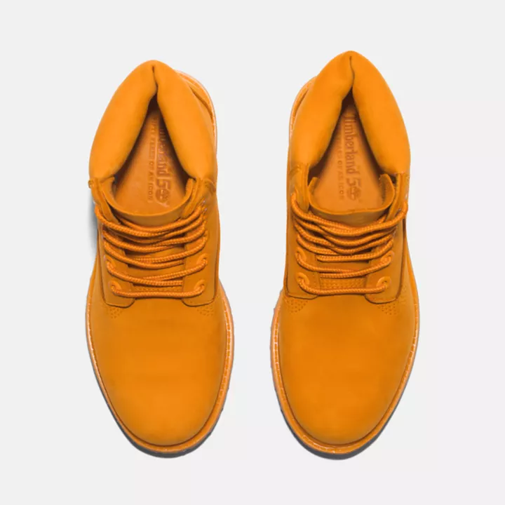 Bota Timberland Premium de 6 polegadas impermeável, edição 50, para mulheres, na cor laranja.