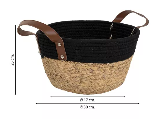 Panier en fibre naturelle et coton noir d30x17/25h