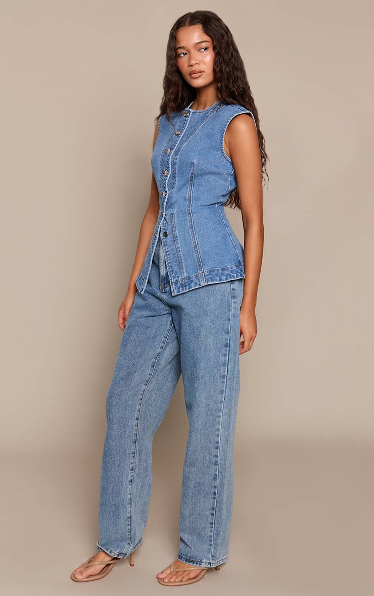 Mid Blue Wash Haut En Denim Sans Manches Long