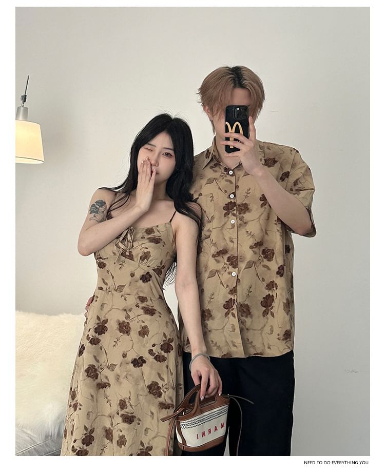 Azure - Koppel bijpassende spaghettibandjes bloemenprint maxi A-lijn jurk / effen bolero / shirt met korte mouwen en kraag