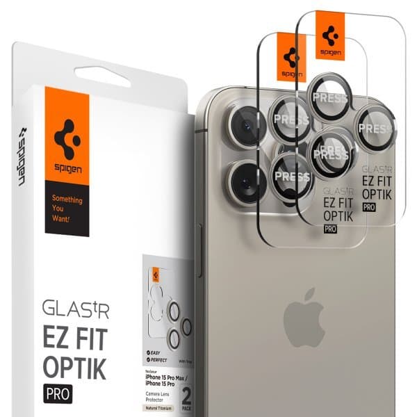 Spigen iPhone 15 Pro/iPhone 15 Pro Max Kameralinsebeskytter GLAS.tR EZ Fit Optik Pro 2-pak Natural Titanium