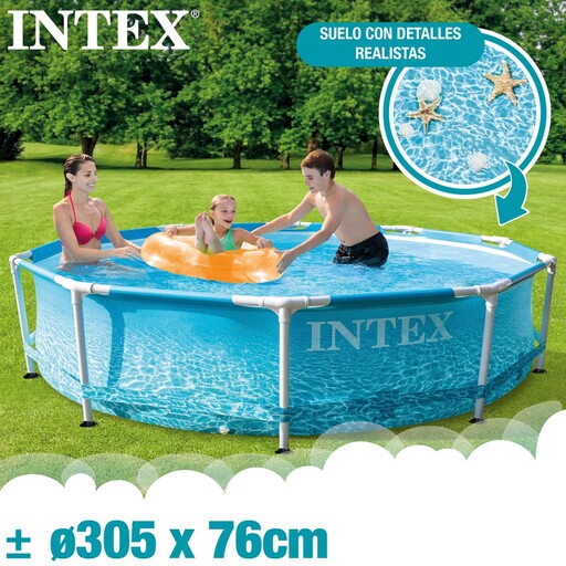Piscina desmontável com purificador, 1250 L/h, estrutura metálica, Intex, para uso na praia.