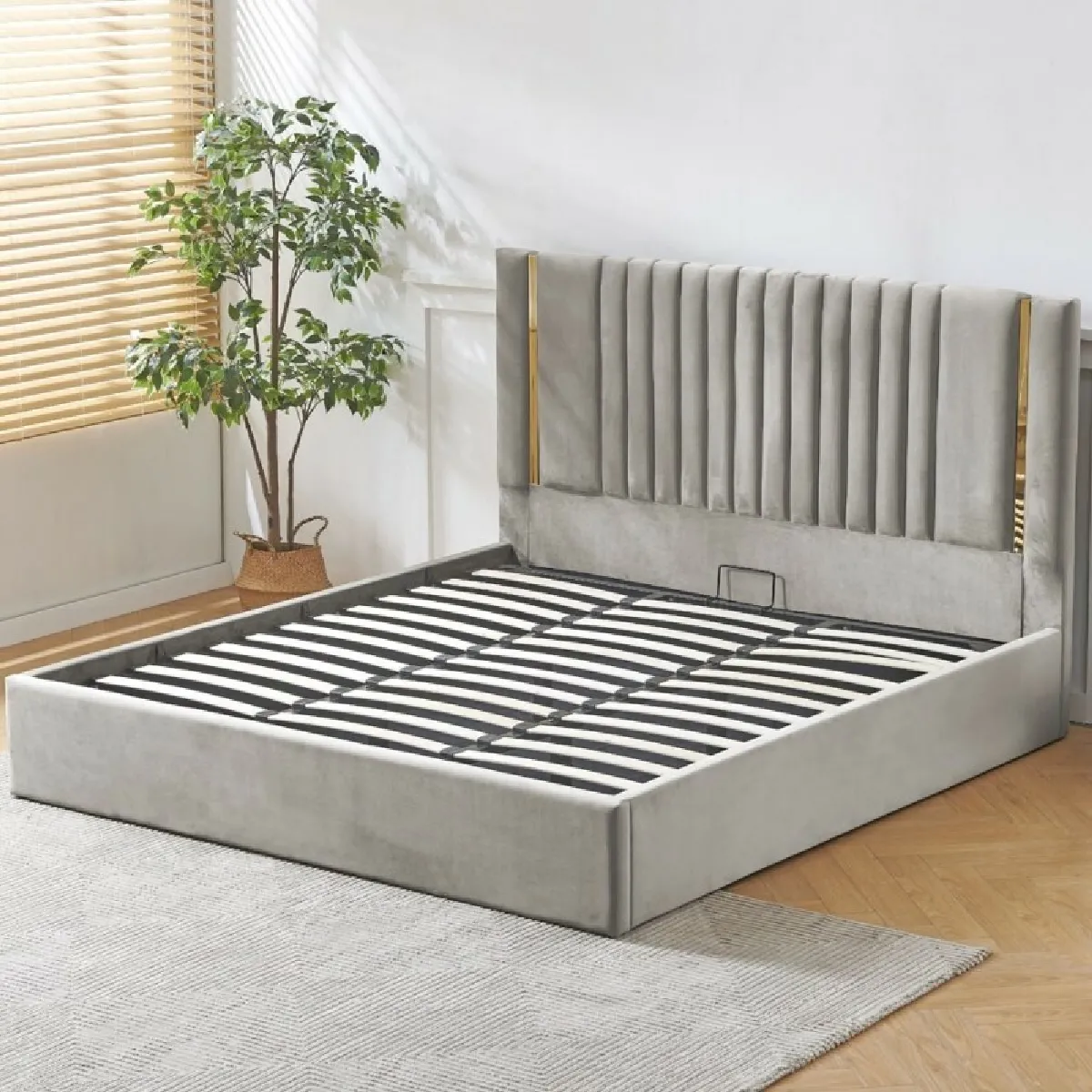 MEUBLER DESIGN Lit Coffre Kaufman - Velours Gris 180x200 cm