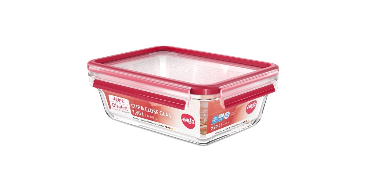 EmsaClip & Close Glazen vershoudbakje  1,3 L doos  (Transparant/rood, rechthoekig)