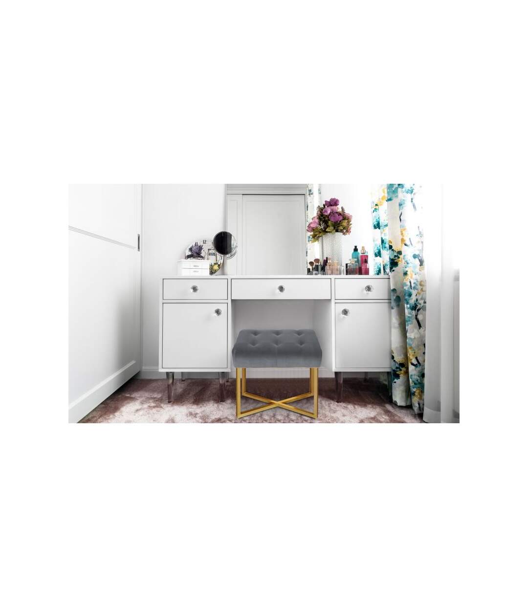 Paris Prix - Tabouret Pouf En Velours auvea 50cm Argent
