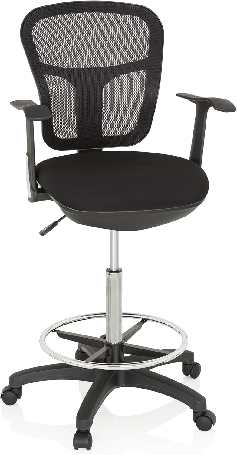 hjh OFFICE 760008 Arbeitsstuhl TOP Work 108 Netzstoff Schwarz ergonomischer Counterstuhl mit Ring-Fußstütze