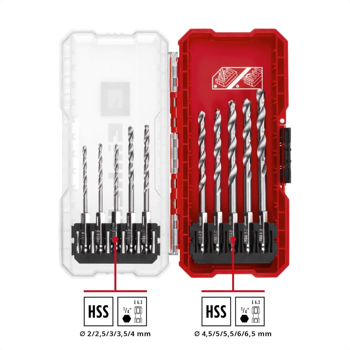 Originele Einhell S-CASE 10-delige metaalborenset (gemaakt van HSS 4241 staal, E 6.3 schacht, 135° split-point punt, rolgesmede type N spiraal inclusief opbergdoos)