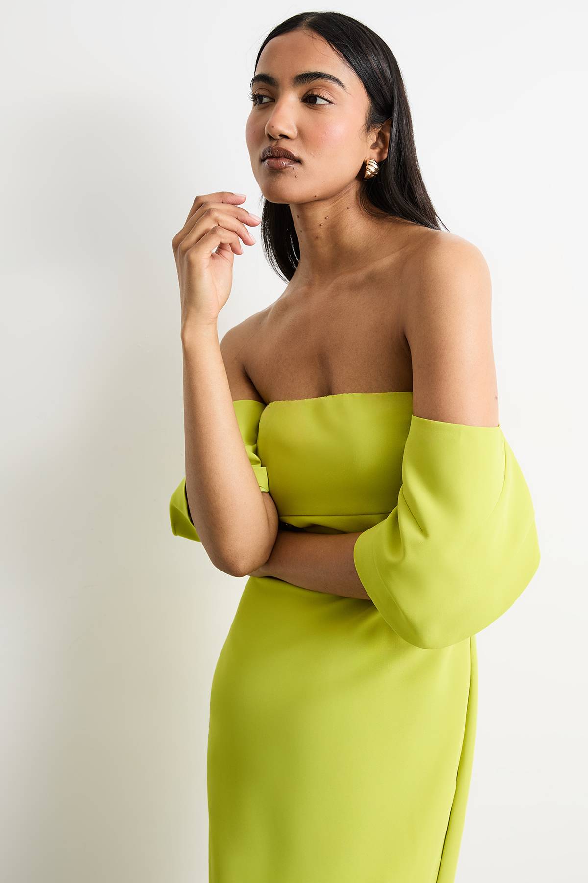 Warehouse Robe Midi Colonne Bardot en Crêpe Stretch