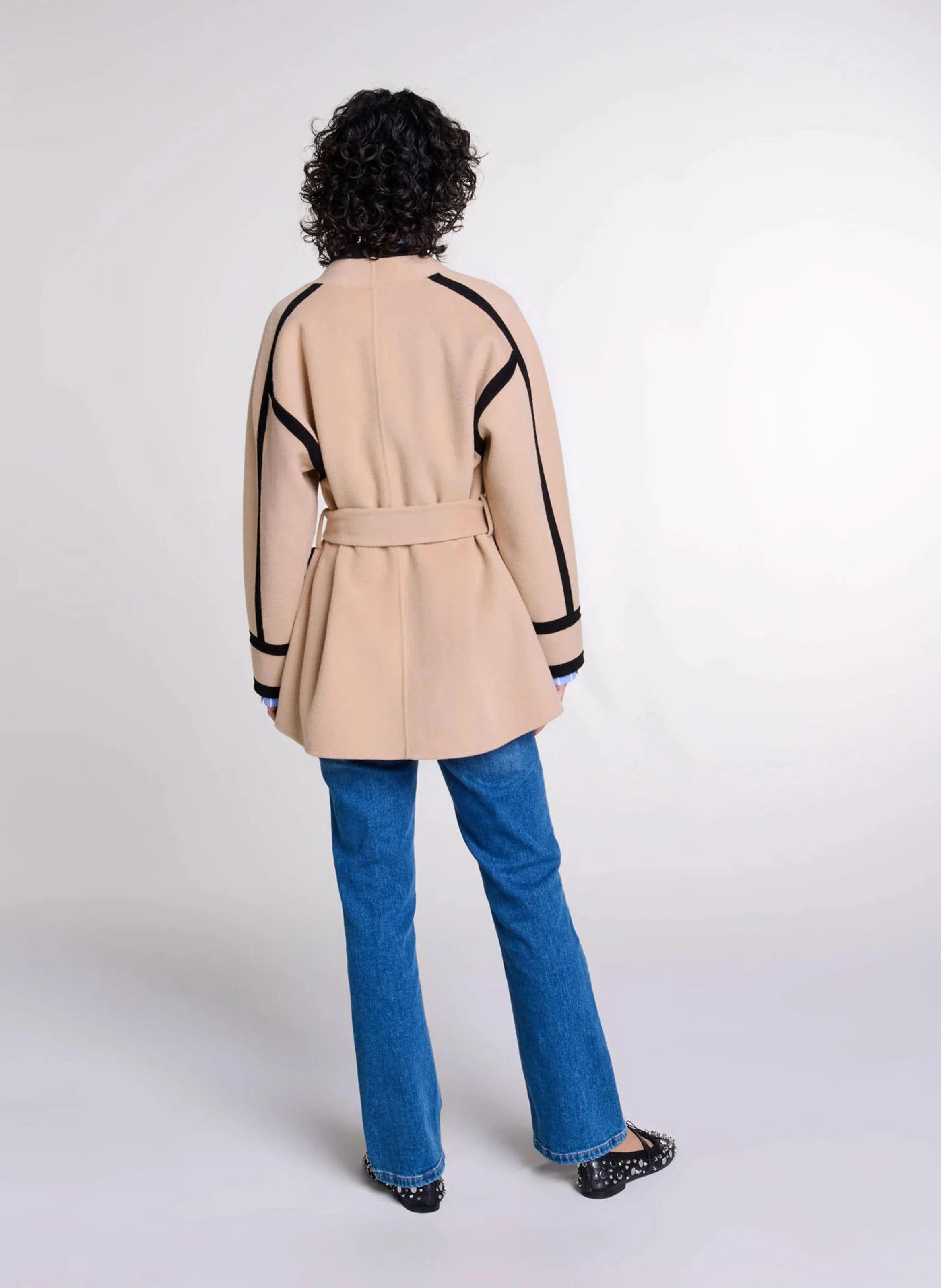 Manteau court double face en laine mélangée| Beige