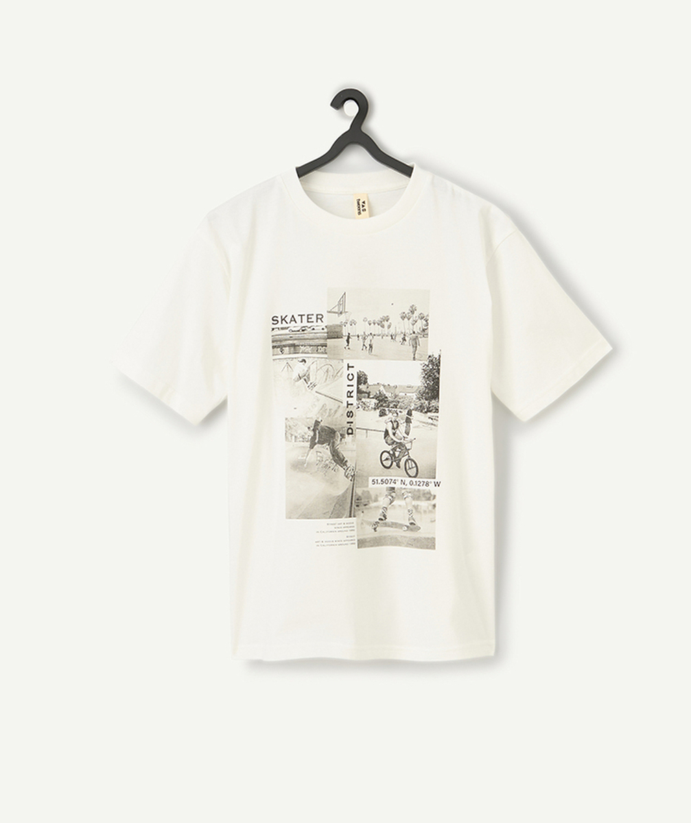 t-shirt manches courtes garçon en coton bio blanc motif photo skate