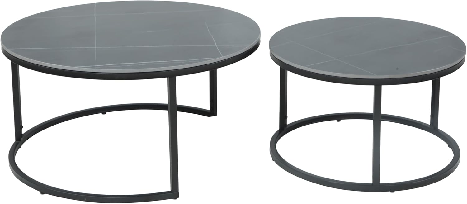 Hela Tische, 2er Set Couchtisch Luis, rund, Steinplatte Marmoroptik, Metallrahmen schwarz matt, Ø 80+60cm