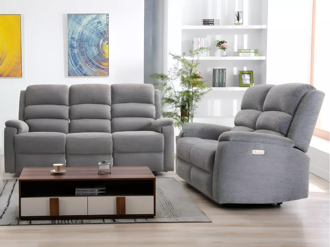 Canapés 3 places et 2 places relax électrique en tissu anthracite NEVERS