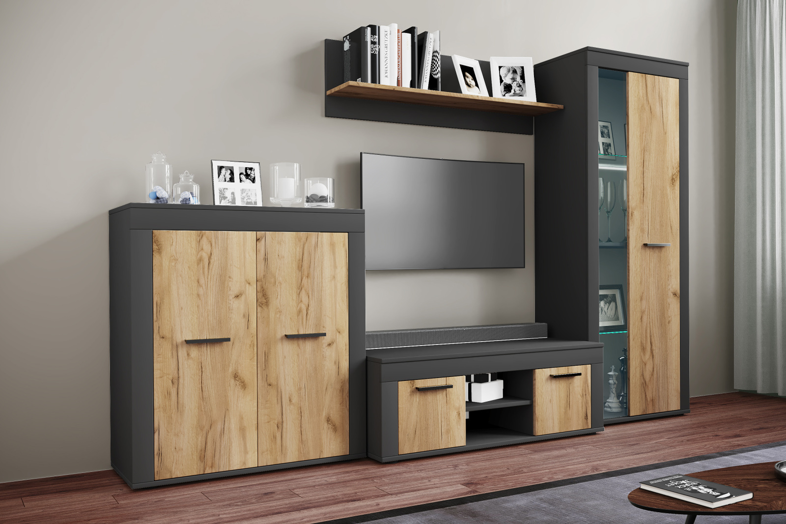 4-teilige Wohnwand USILO L - anthrazit - Honig Eiche - 242 cm