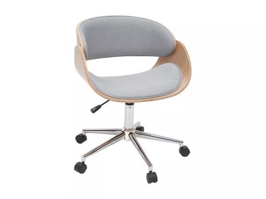 Chaise de bureau à roulettes design en tissu gris, bois clair et acier chromé BENT