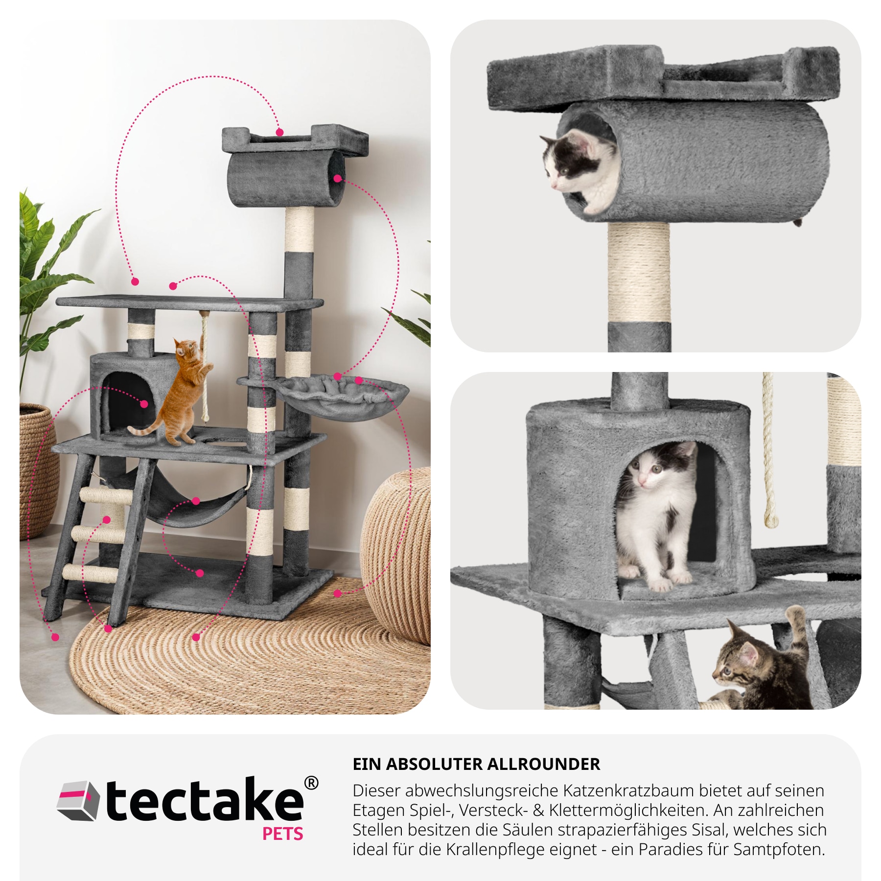 tectake® Kratzbaum, 141 cm, mit Katzenhaus, inklusive Spielkordel und Kippschutz