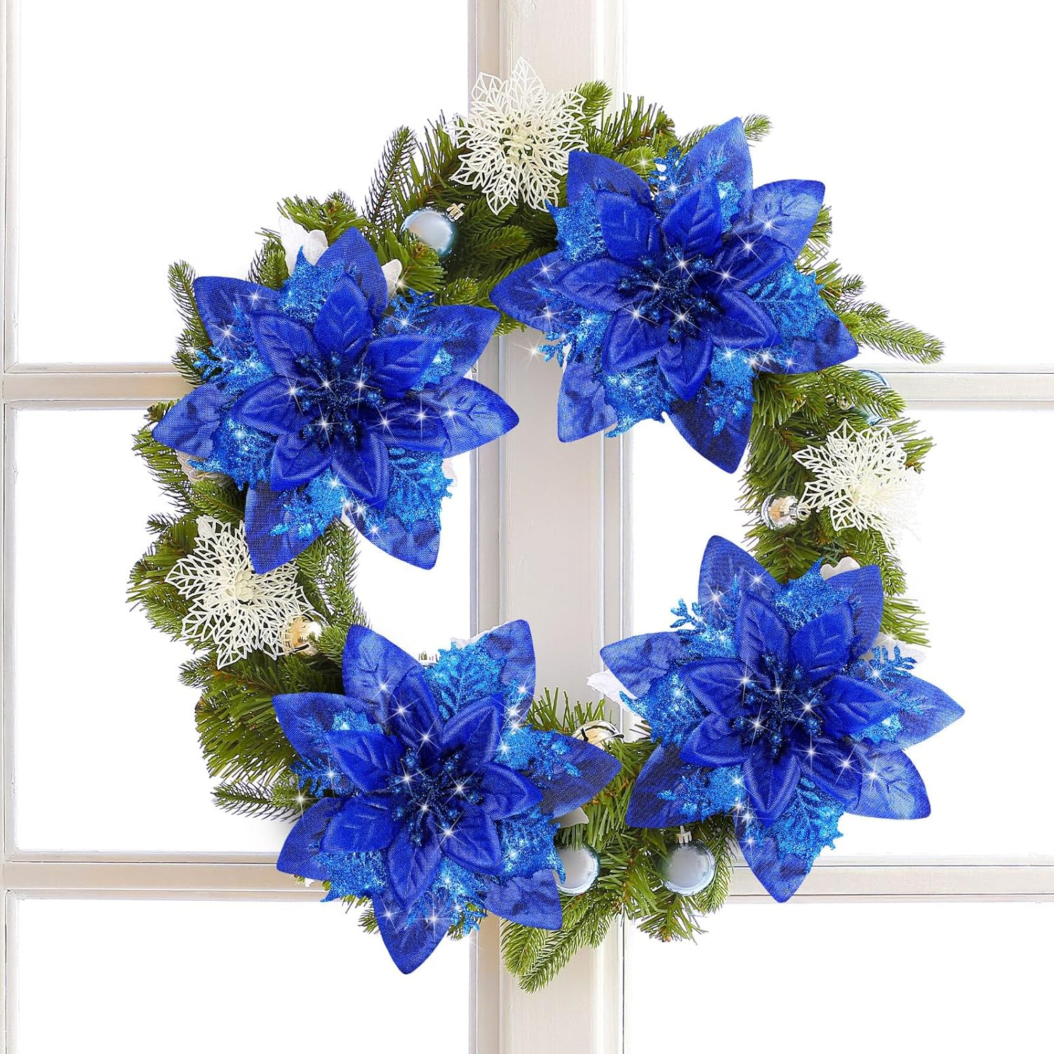 (12er Set) Christbaum Schmuck Glitzer Blumen Deko Ornamente - Dunkelblau