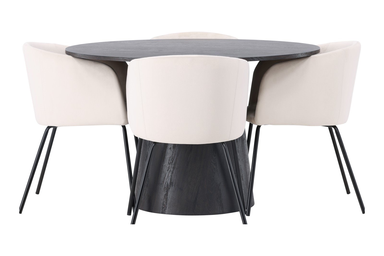 Lanzo og Berit Spisegruppe Lanzo rundt spisebord ø120cm i mocca med 4 stk. Berit med arm spisestoler i Beige fløyel og sorte ben.