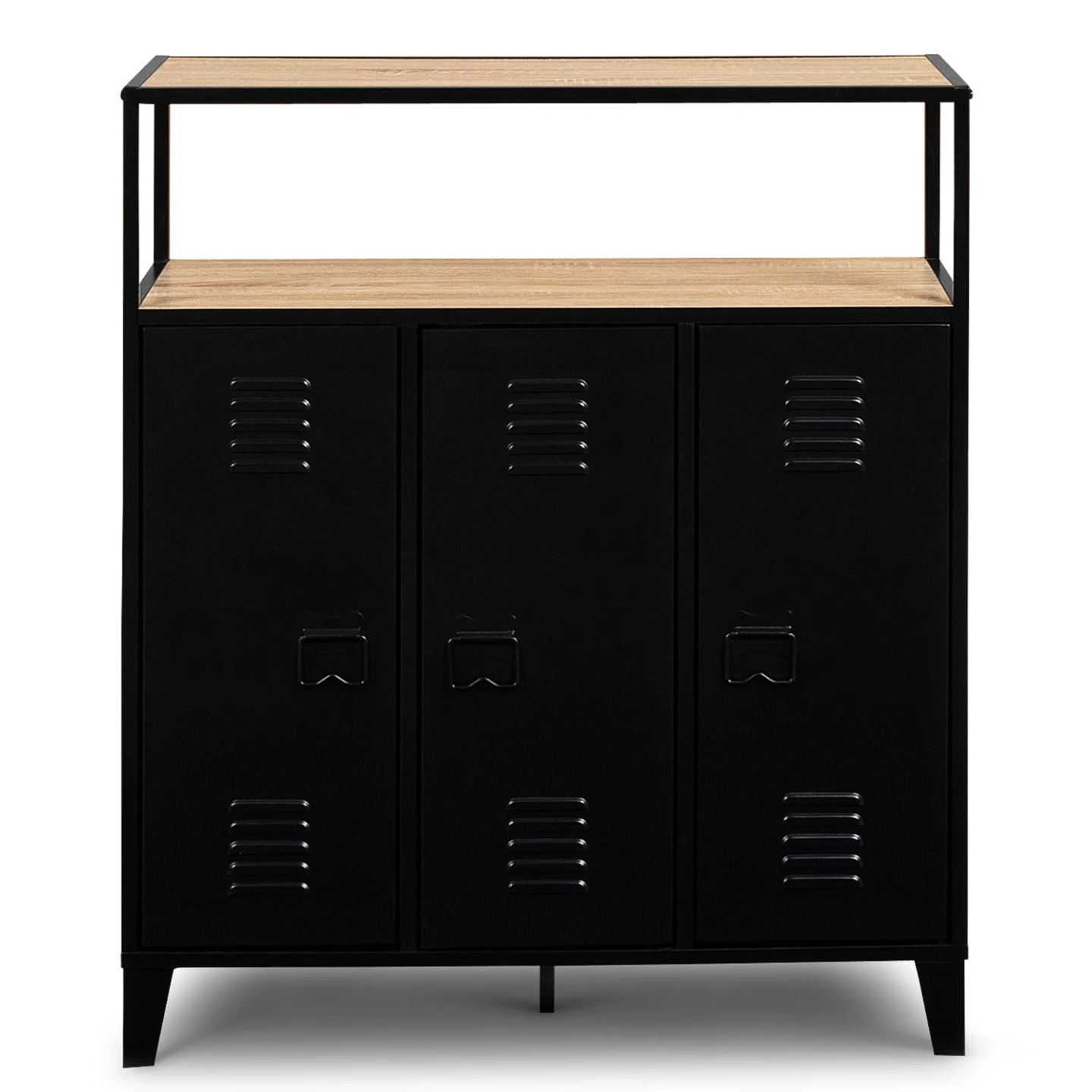 Meuble de bar buffet ESTER 3 portes métal noir et plateau bois façon hêtre