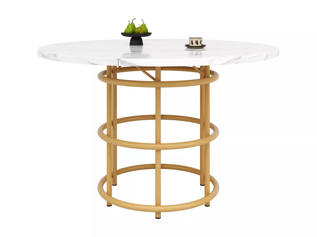 Table à manger ronde 4 à 6 couverts - D 100 x H 76 cm - Plateau marbré - MDF et pièds en métal dorés - Blanc + or